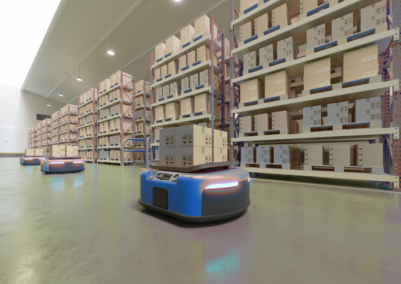 Robot trasporta pacchi all'interno di un magazzino industriale che si muove grazie ai servomotori.
